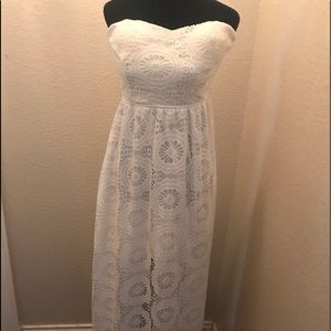 Beautiful ivory lace strapless maxi dress with slip for coverage